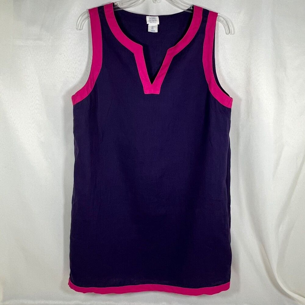 Sigrid Olsen 100% Linen Colorblock Shift Dress Purple Pink V-Neck Size L
